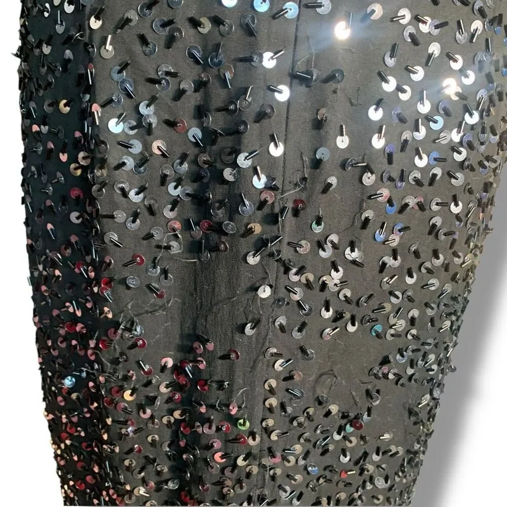 Vintage 80s Cocktail Dress Silk Black Metallic Sequin Fringe Hemmed Sleeve‎ 10